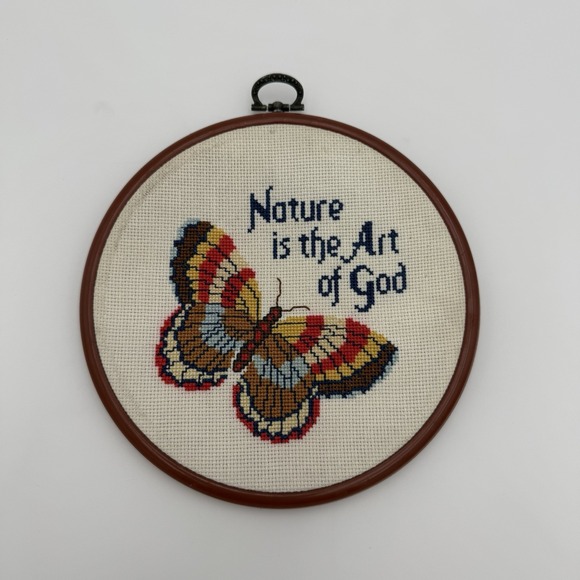 Vtg Completed Framed Cross Stitch Wall Art Nature Butterfly Cottagecore Decor - Picture 2 of 7